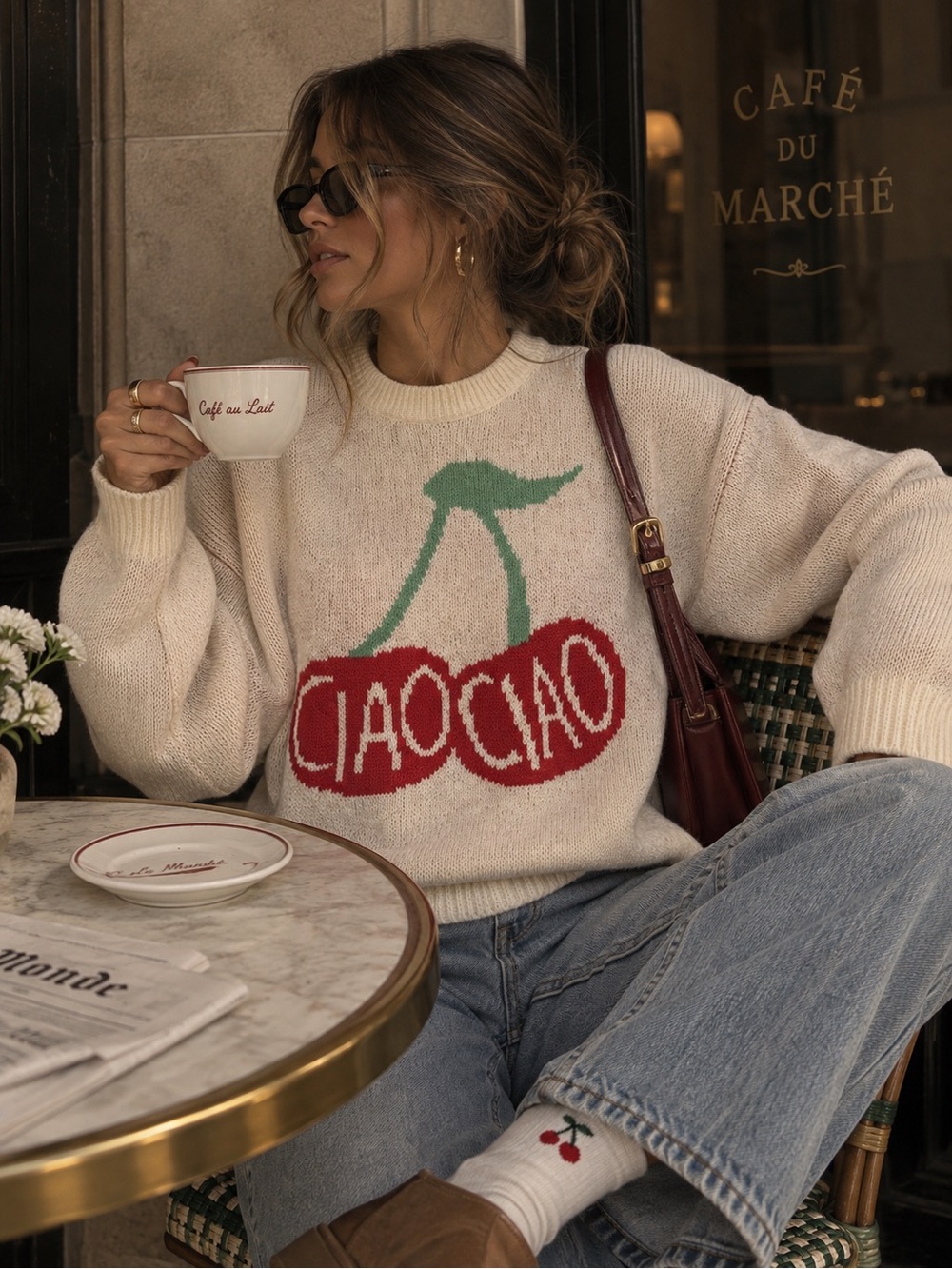 Cream Cherry Graphic Knit Sweater - Women